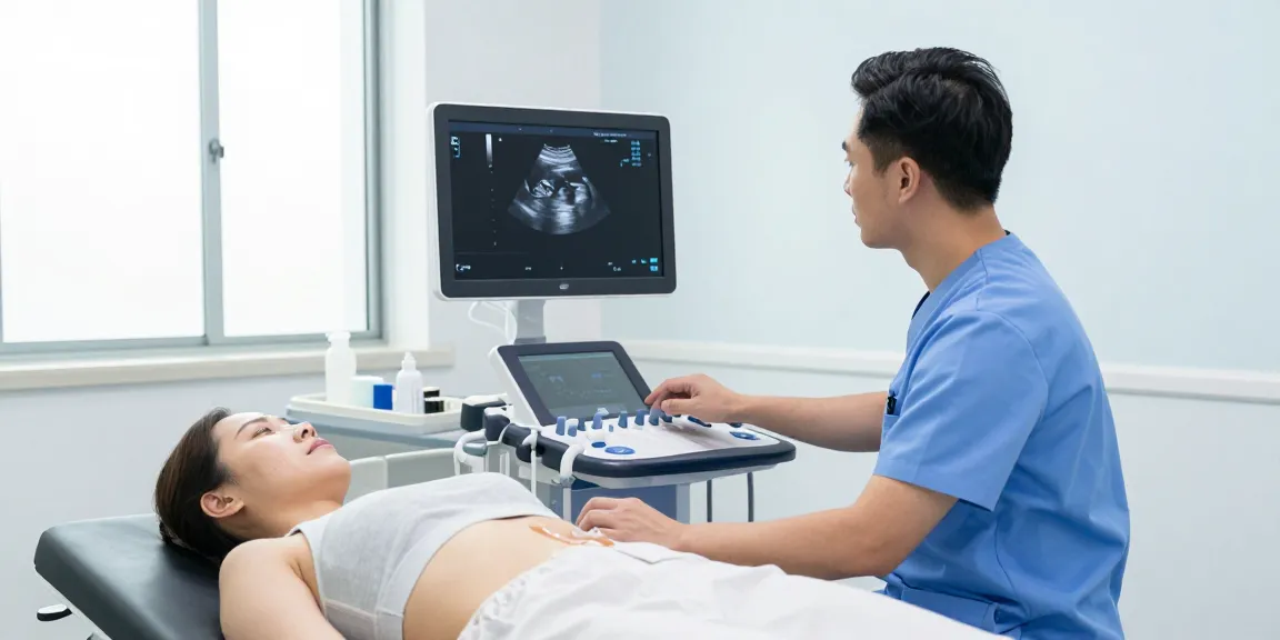 Buy ultrasound scanner in a clinical setting with healthcare professional and patient.