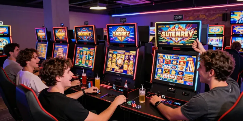 Ruang permainan online kangtoto dengan pemain merayakan kemenangan jackpot.