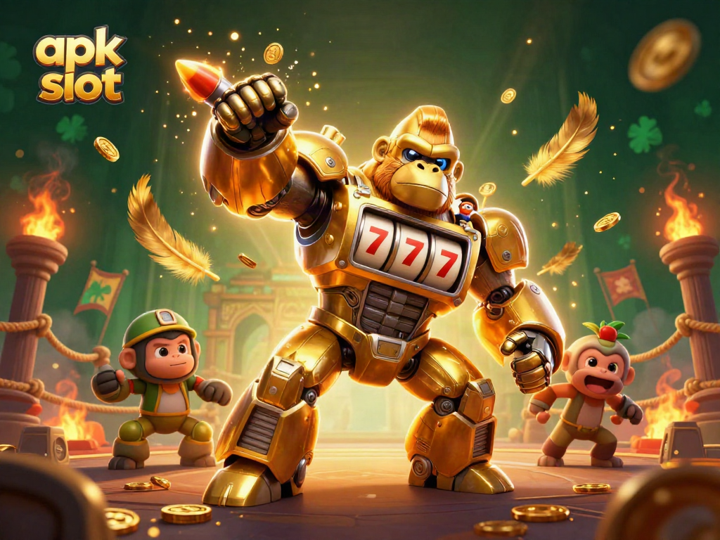 Experience thrilling wins in apk slot with a golden mech smashing jackpots amidst a vibrant casino atmosphere.