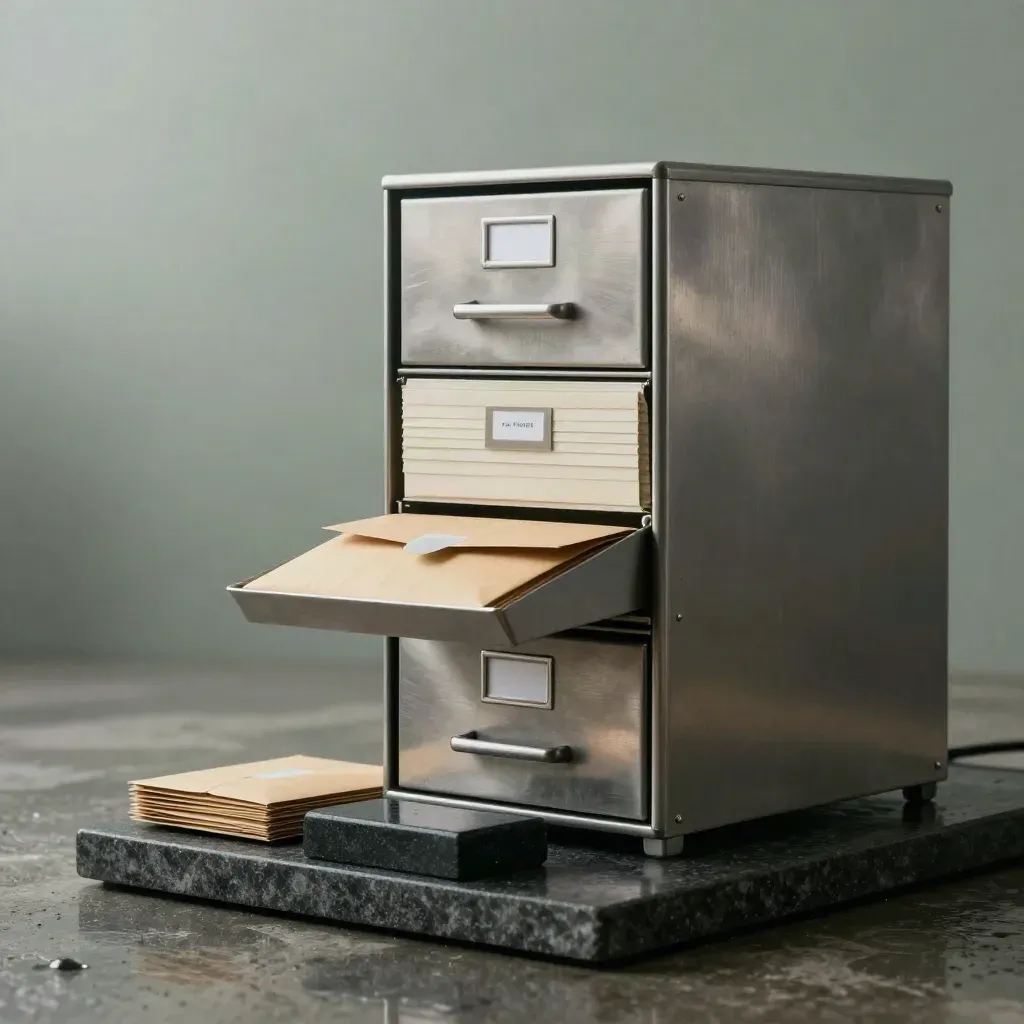 Brushed-steel filing tower with cards, tabs, stone block and envelopes on damp studio concrete.