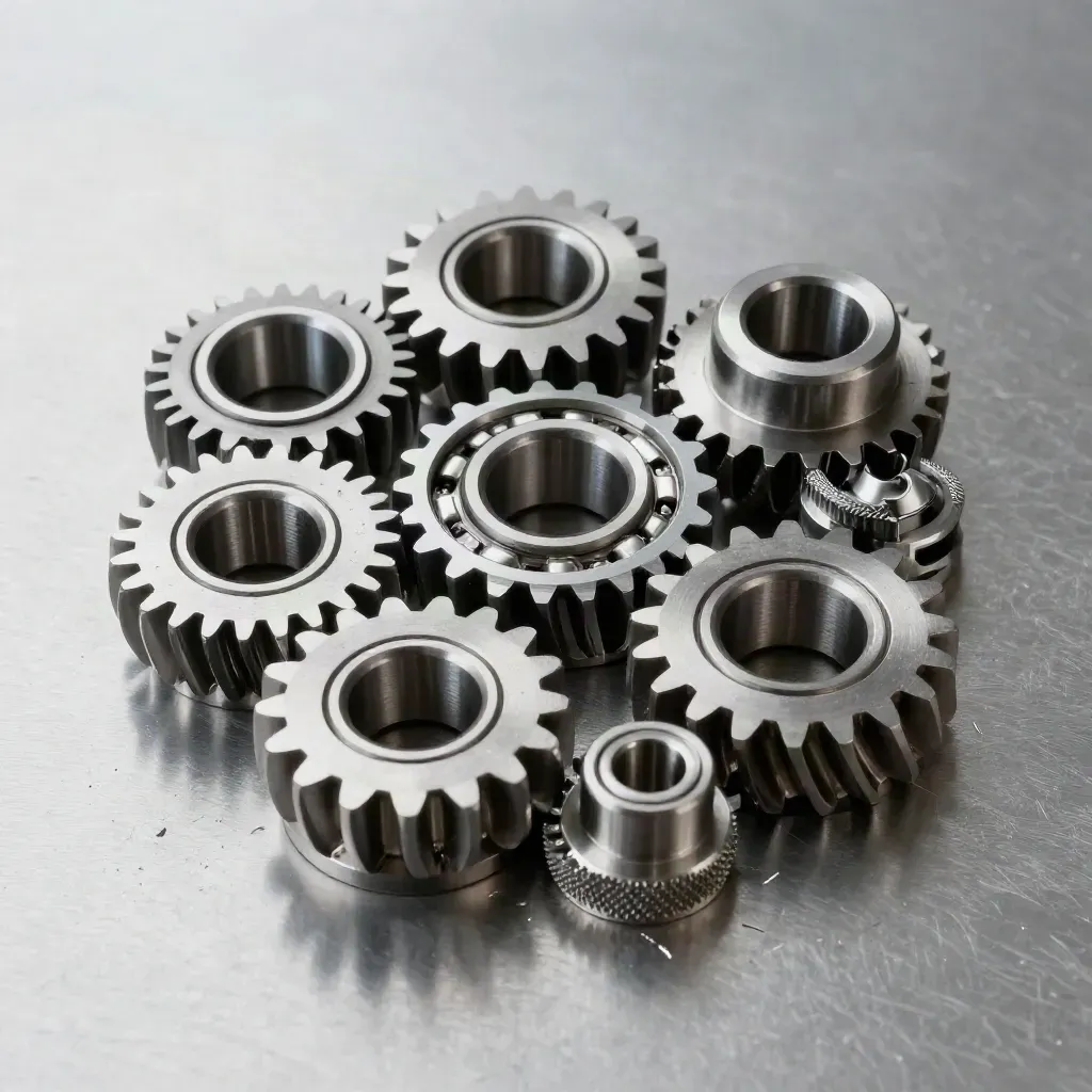 Top-down cluster of machined metal gear blanks, bearing race, and spacer on brushed aluminum.