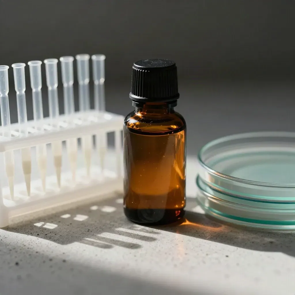 Amber reagent bottle, pipette tip rack, and petri stack on pale stone in dramatic lab light.
