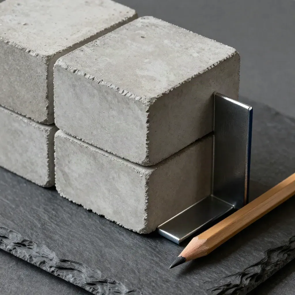 Concrete cubes, steel bracket and carpenter’s pencil on slate in a premium macro still life.