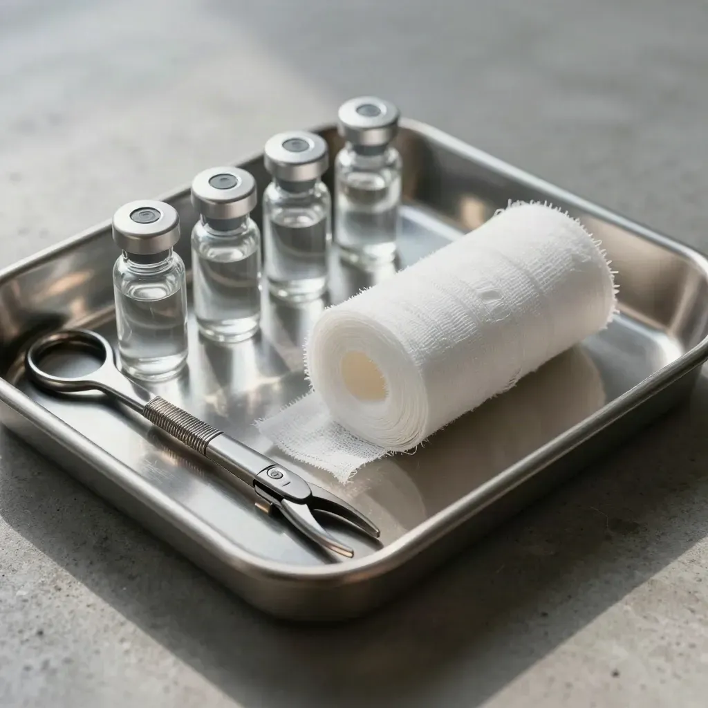 Stainless medical tray with vials, gauze rolls, and clamp tools on brushed concrete
