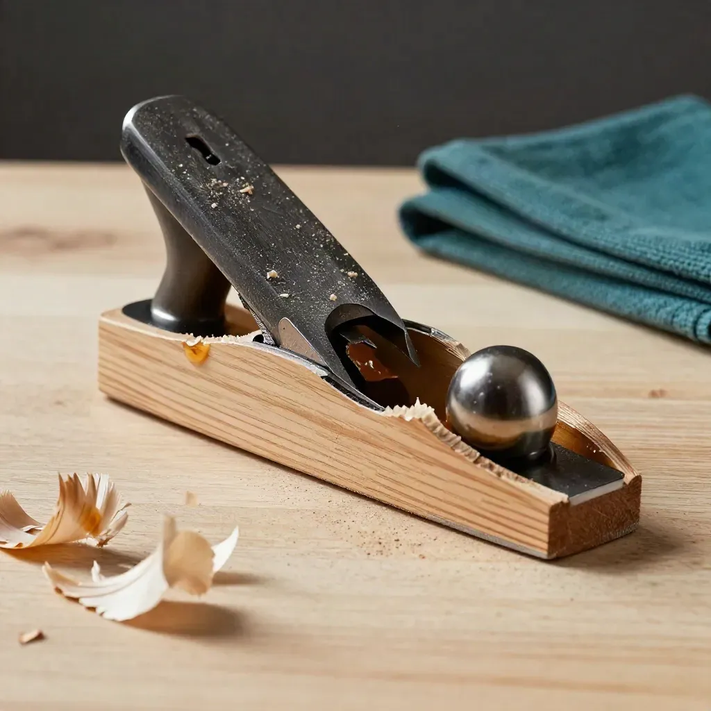 Maple veneer offcuts, steel blade, and sharpening stone on pale wood with a teal rag.