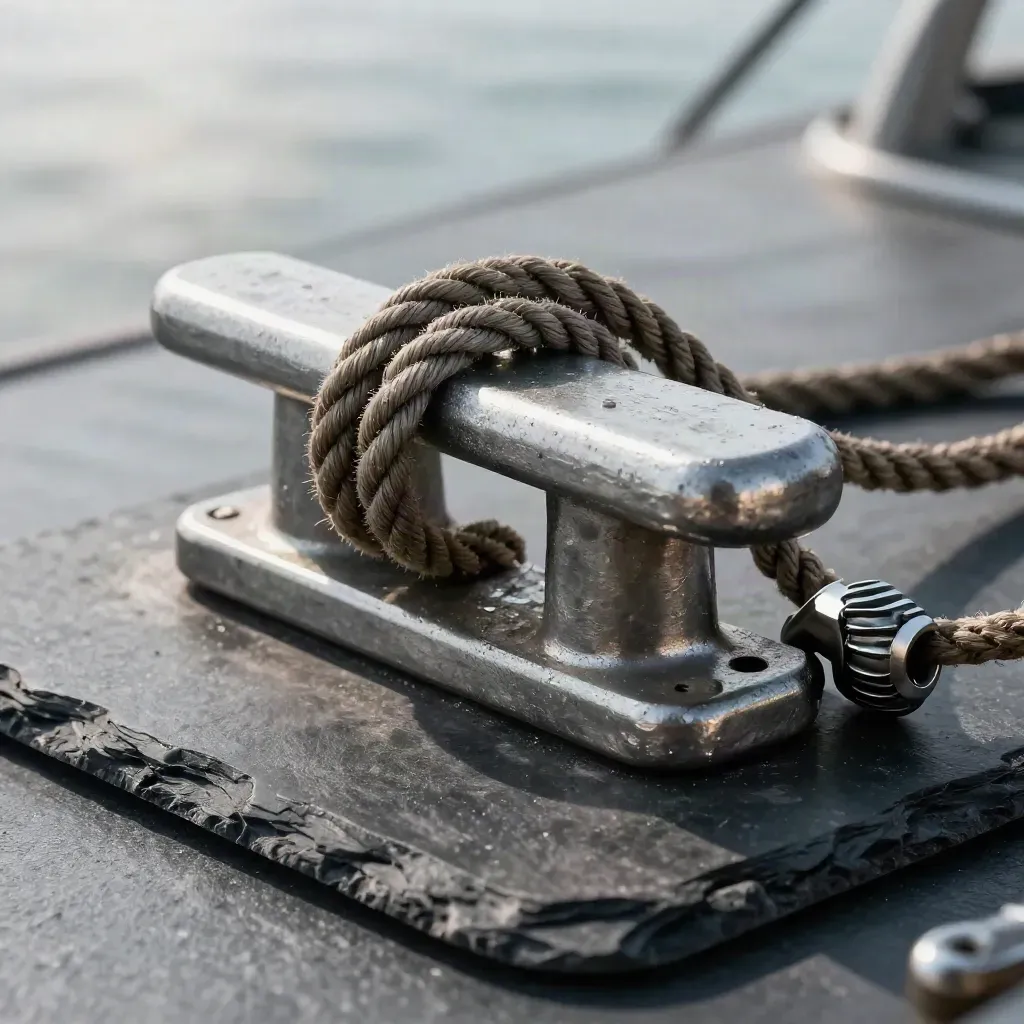 Stainless cleat with braided rope and cable coupling on a slate rubber mat