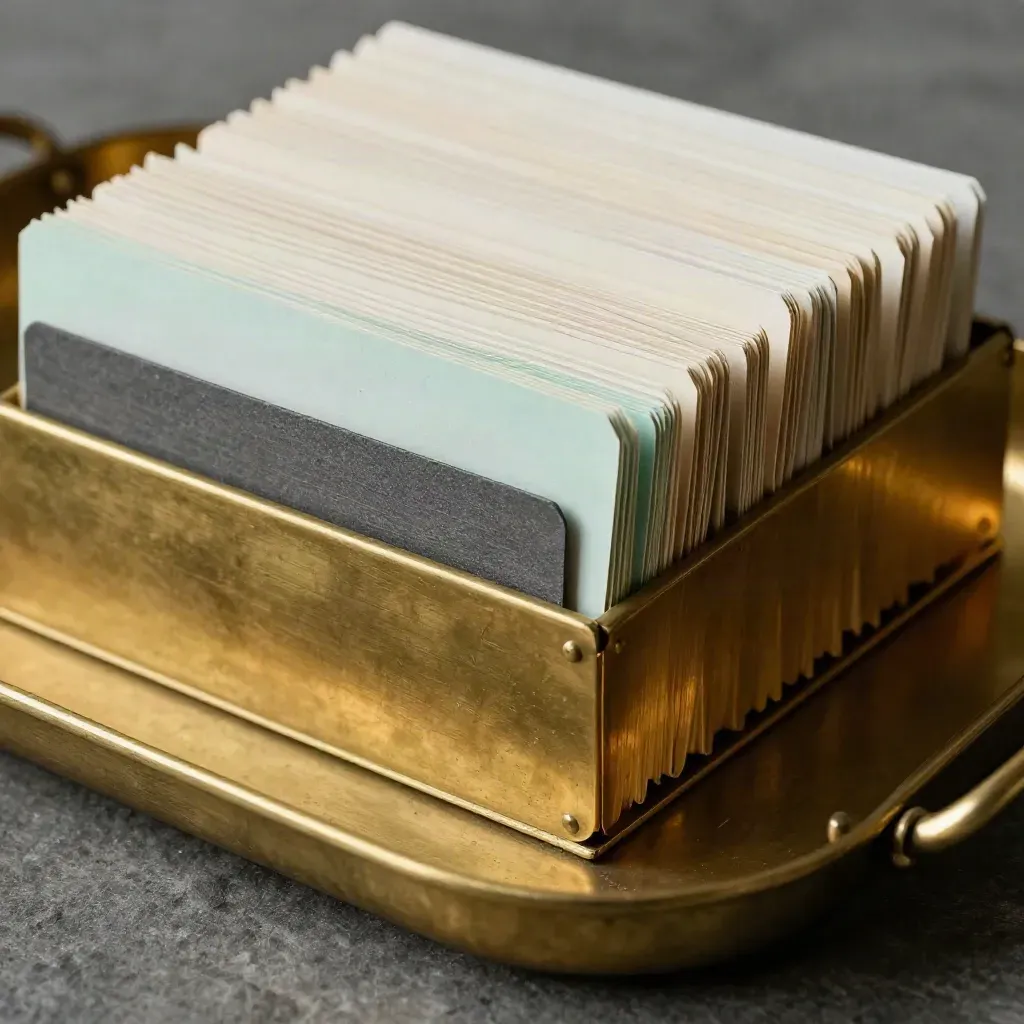Brass index tray with blank tabbed cards, one pulled forward, in dramatic macro light.
