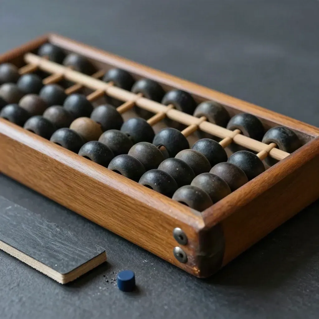 Vintage abacus with dark beads and a slate counter block on a charcoal stone surface.
