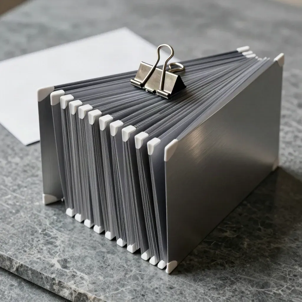 Metal report folders, binder clip, and corner markers on a stone slab in dramatic light.