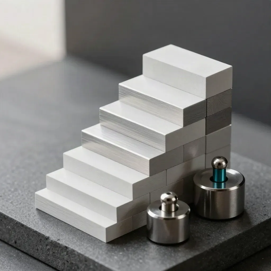 Macro of gauge blocks and a balance weight on a graphite stone surface.