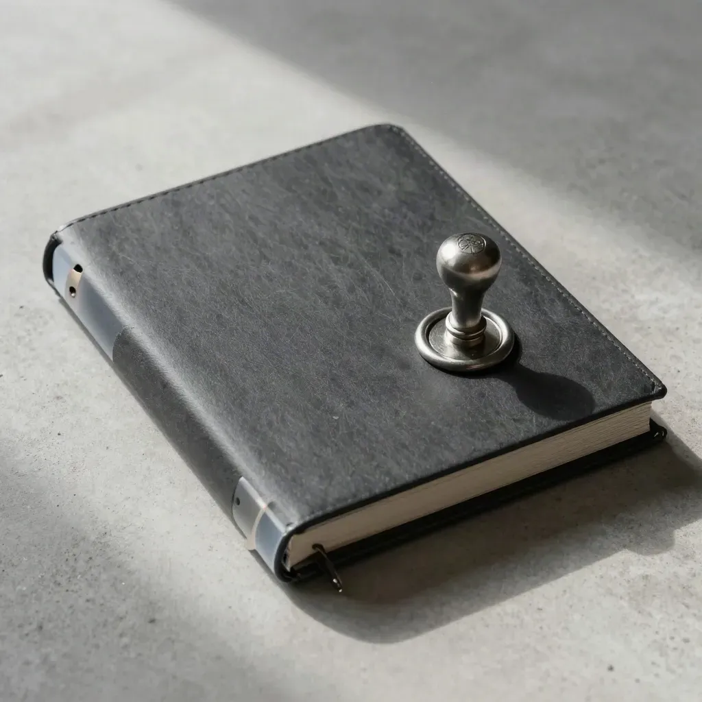 Top-down binder with dividers, bookmark, and wax seal stamp on pale concrete.