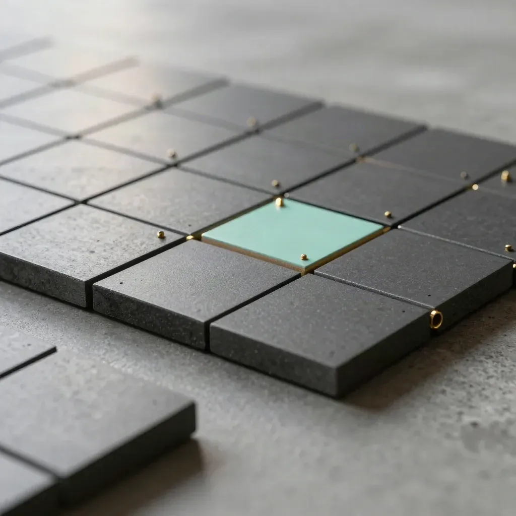Graphite tile matrix with brass pegs and one outlier tile on concrete