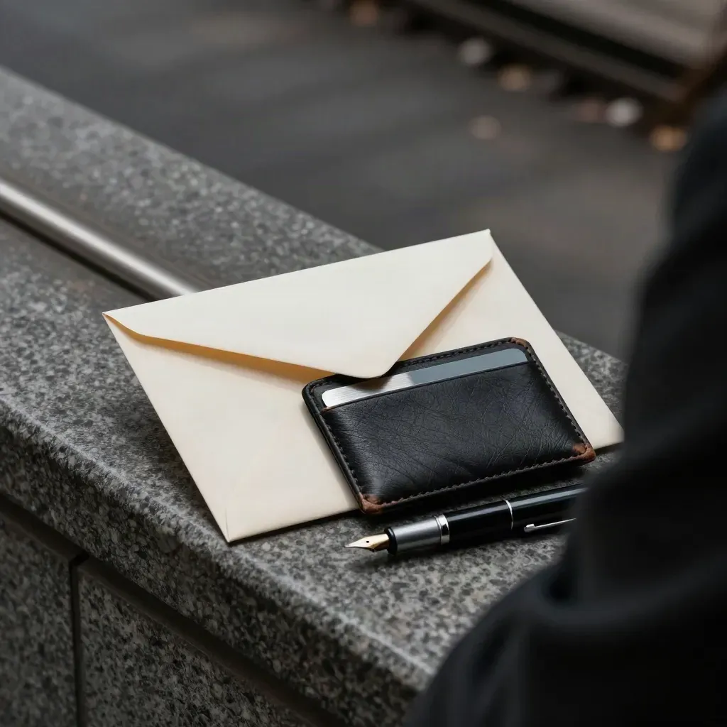 Offer envelope, subway card wallet, and pen cap on stone, seen through a dark coat edge.
