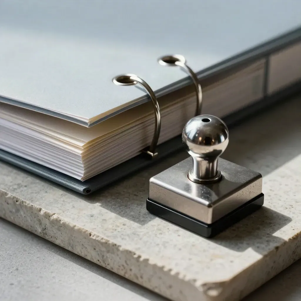 Blank tabs, archive clips, and a metal stamp block on brushed stone in close-up.