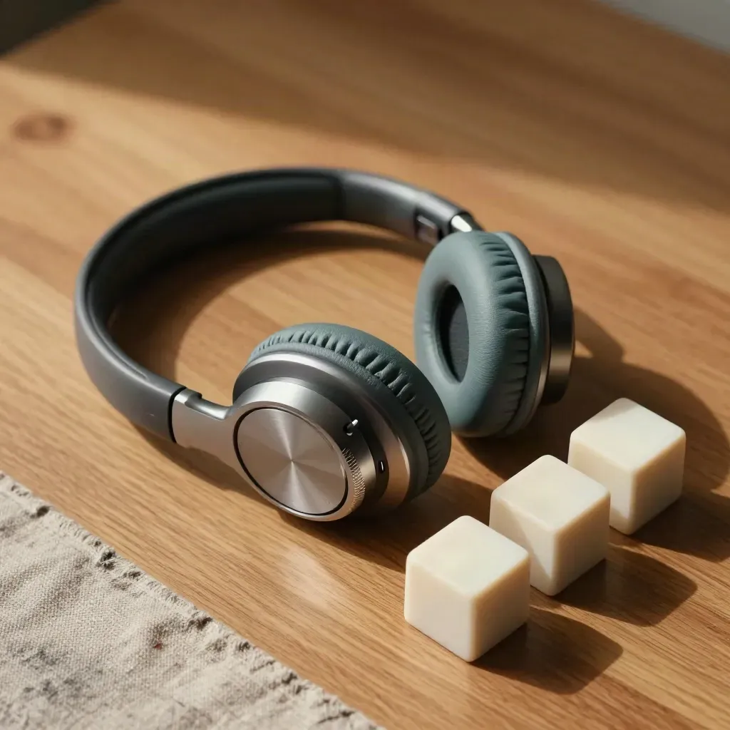 Top-down still life of headset, timer and calendar cubes on warm oak with teal accents
