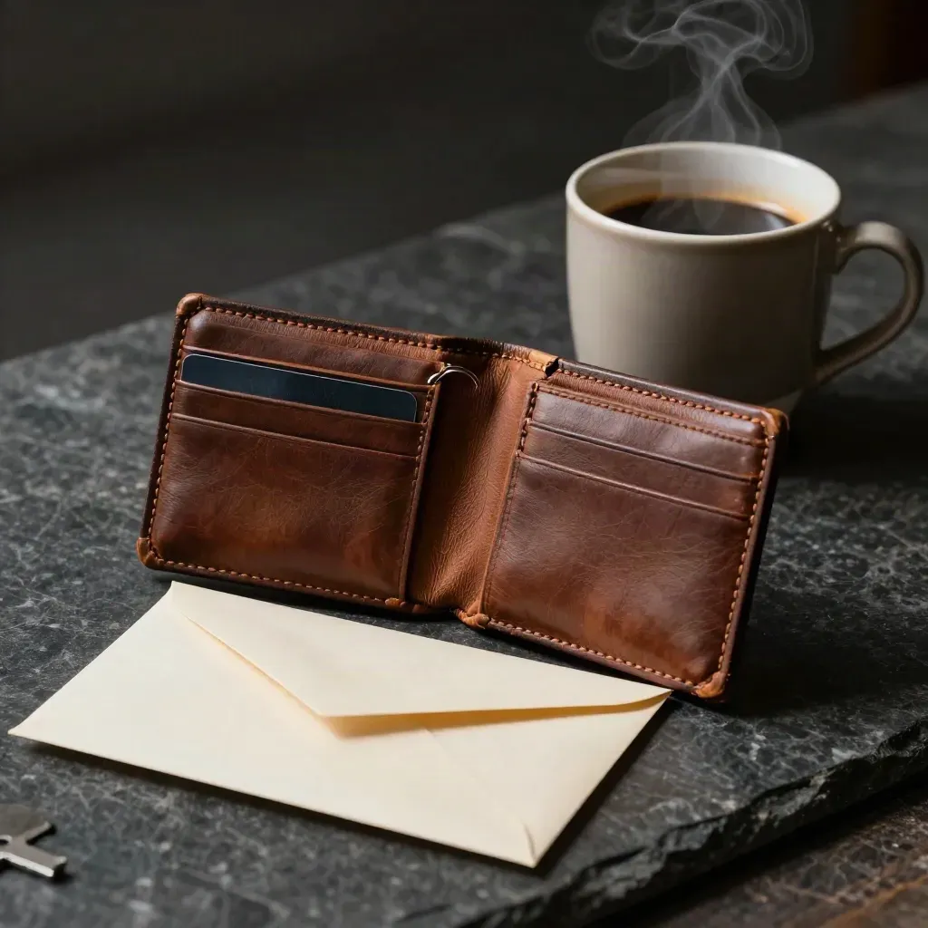 Transit wallet, unprinted envelope and ceramic cup on dark stone in dramatic studio light.