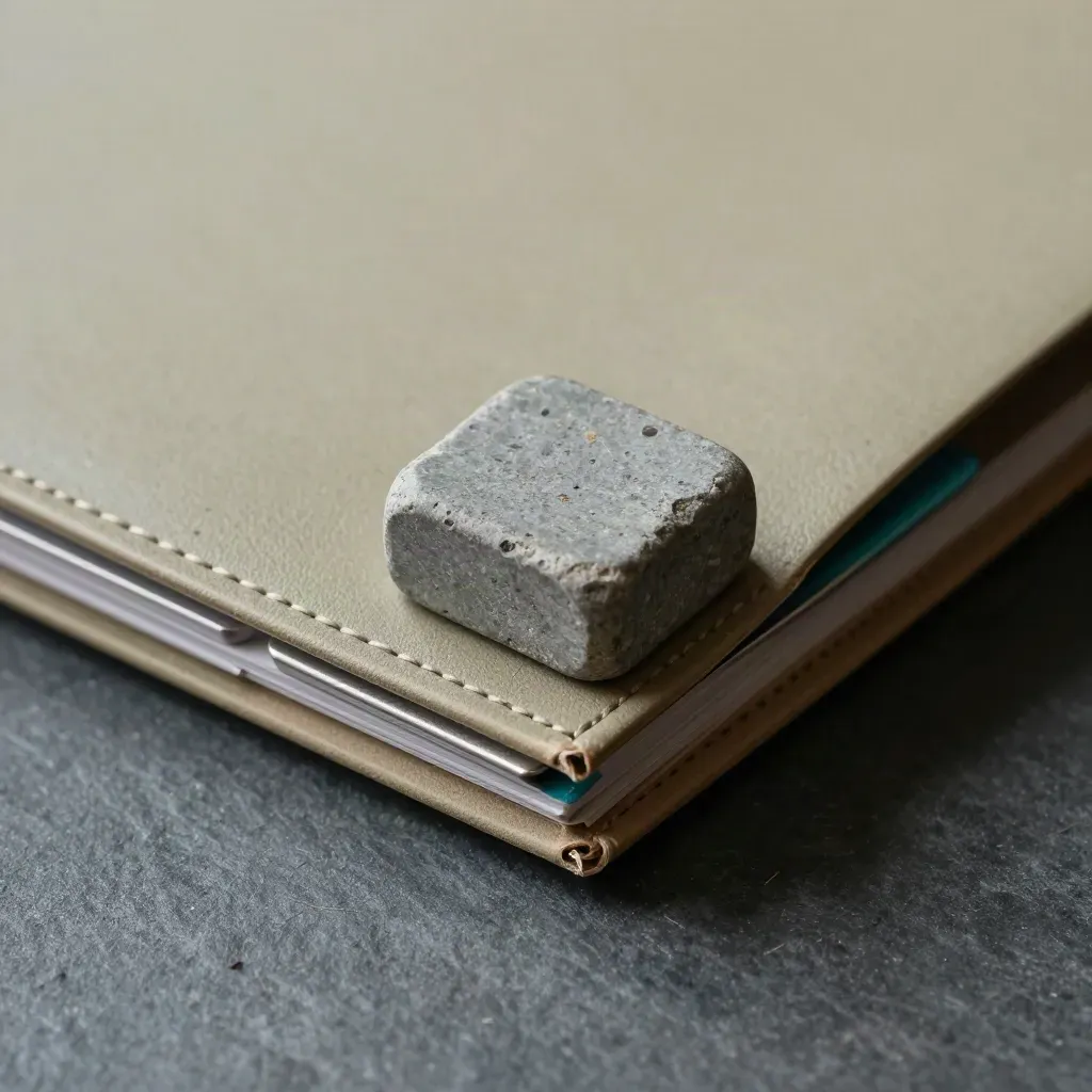 Macro still life of a benchmarking folder, stone paperweight, and metal divider tabs on slate.