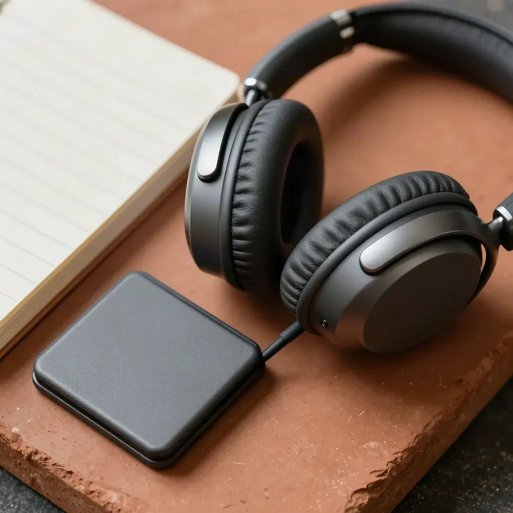 Macro still life of headset, card holder, and folded note block on terracotta clay