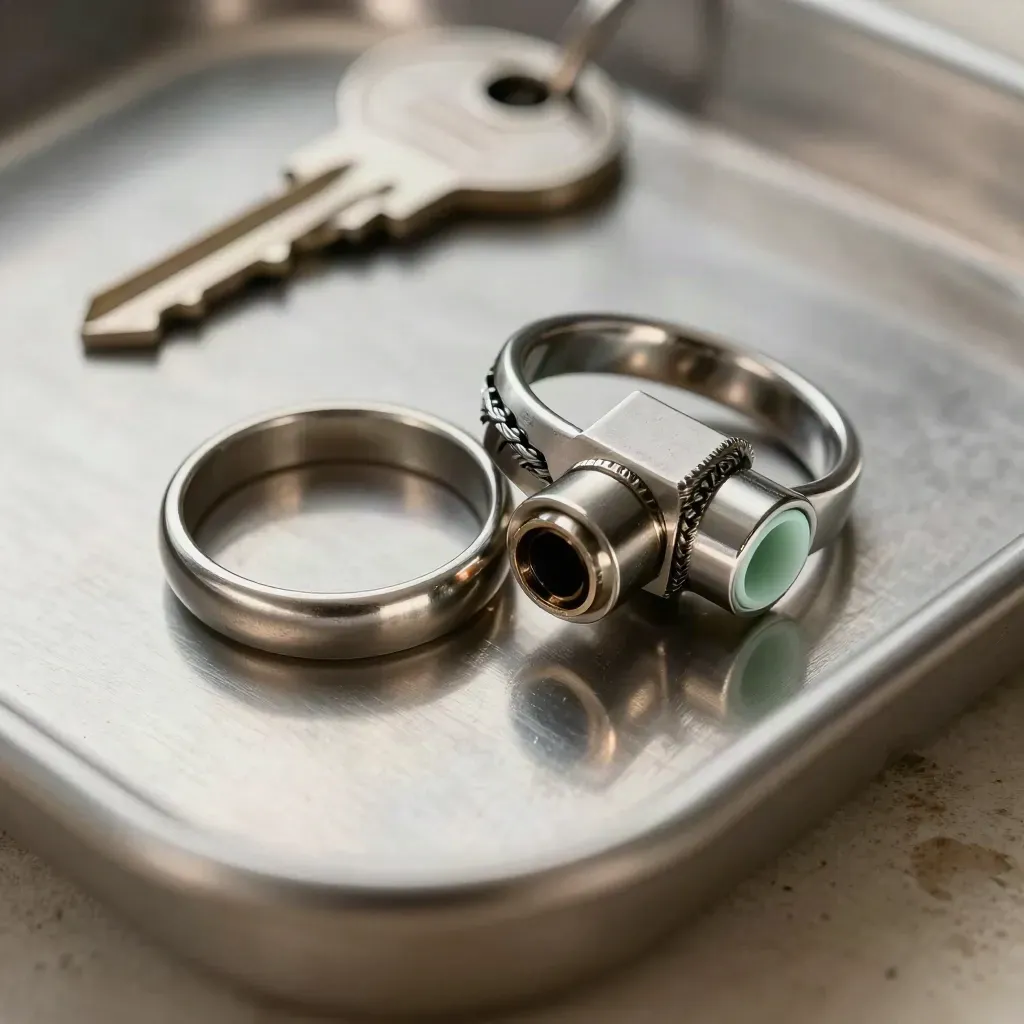 Steel rings, cable clips, and connector sleeve on brushed metal with soft haze