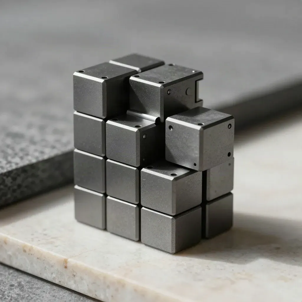 Graphite modular cubes and a connector plate on matte stone with soft directional light.