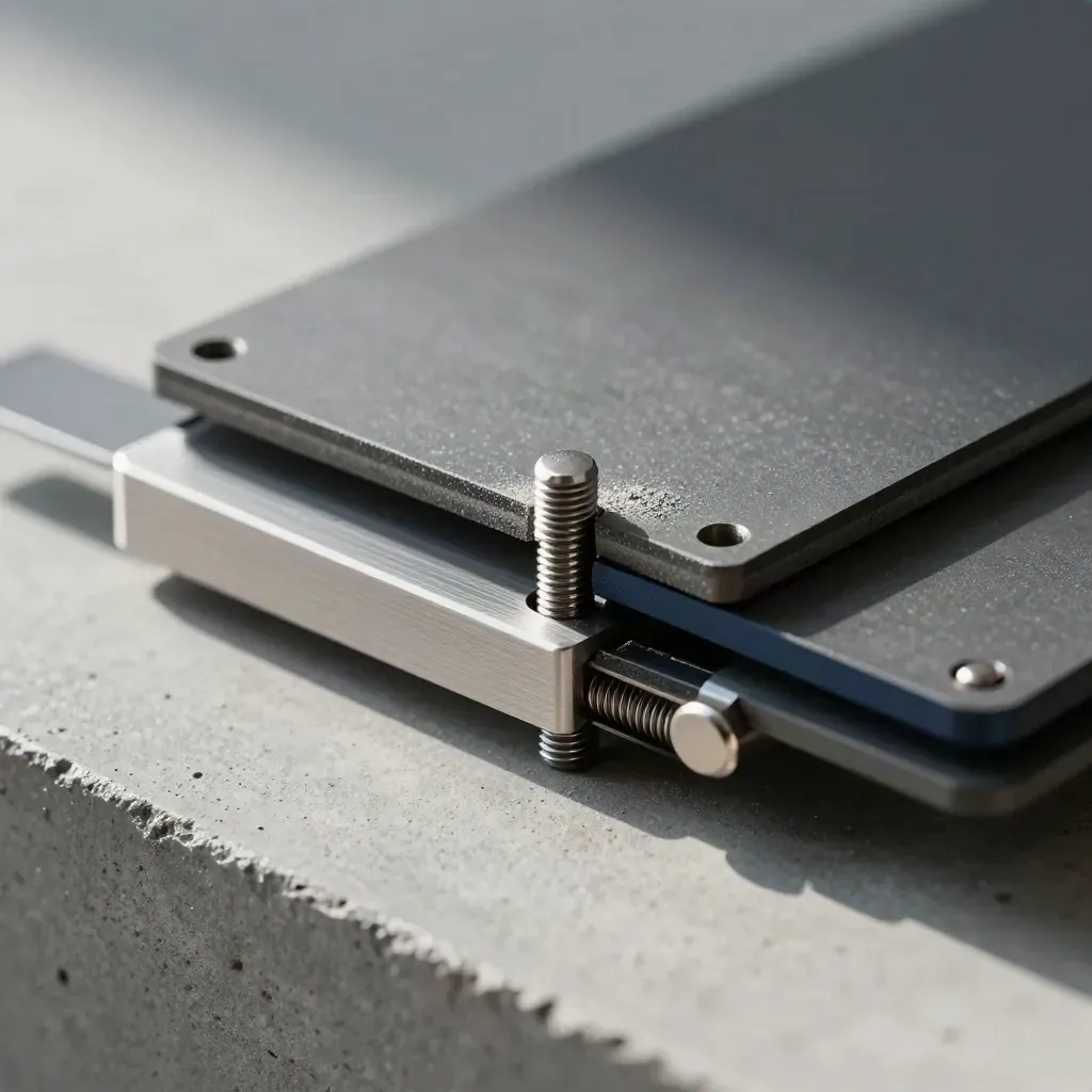 Macro of machined plates joined by dowels and a navy connector bar on concrete.