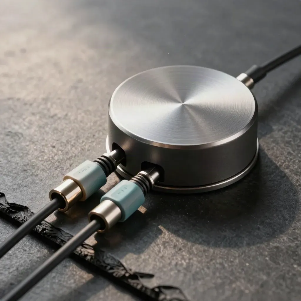 Speaker puck, linked couplers, and stand base on slate stone in soft daylight.