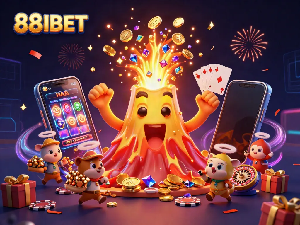 Experience the excitement with 88IBET as a golden volcano erupts treasures amidst vibrant casino elements.