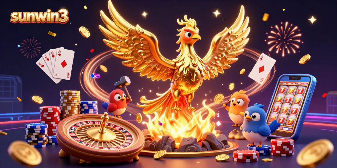 Cascade golden coins and brilliant gems burst around sunwin3 in this dynamic casino-themed scene.