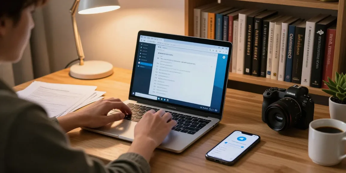 Setting up Telegram Chinese interface on a laptop in a cozy home office.