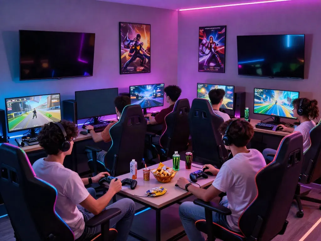 Friends enjoying gaming together in a lively lounge with rokok88-themed decor.
