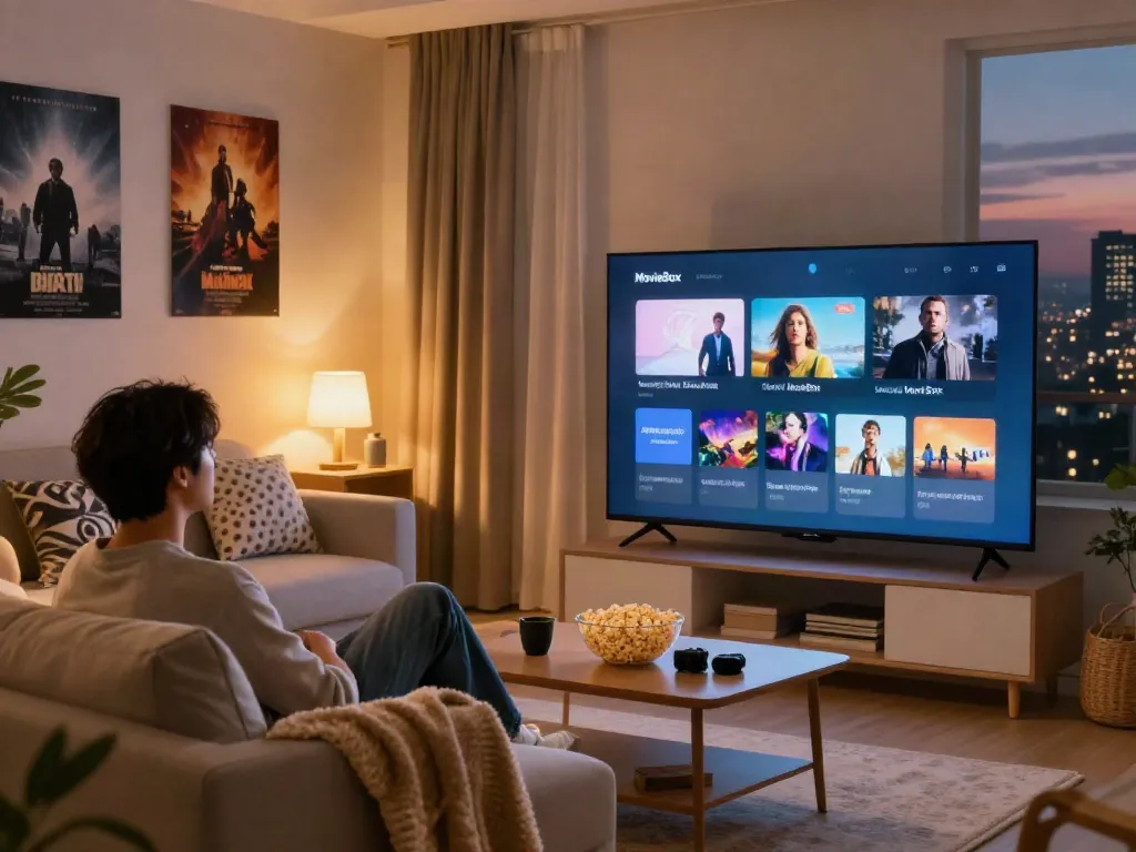 Person using the MovieBox app to watch movies in a cozy living room.