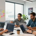 Collaboration in a professional software development setting showcasing the WPS Official Website team at work.