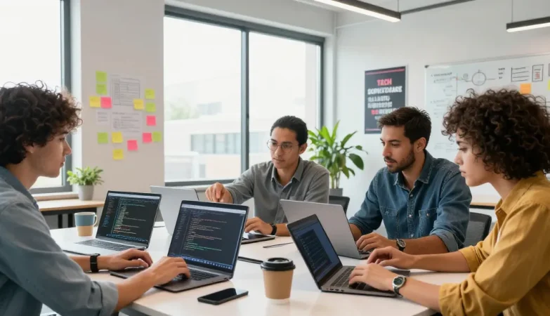 Collaboration in a professional software development setting showcasing the WPS Official Website team at work.